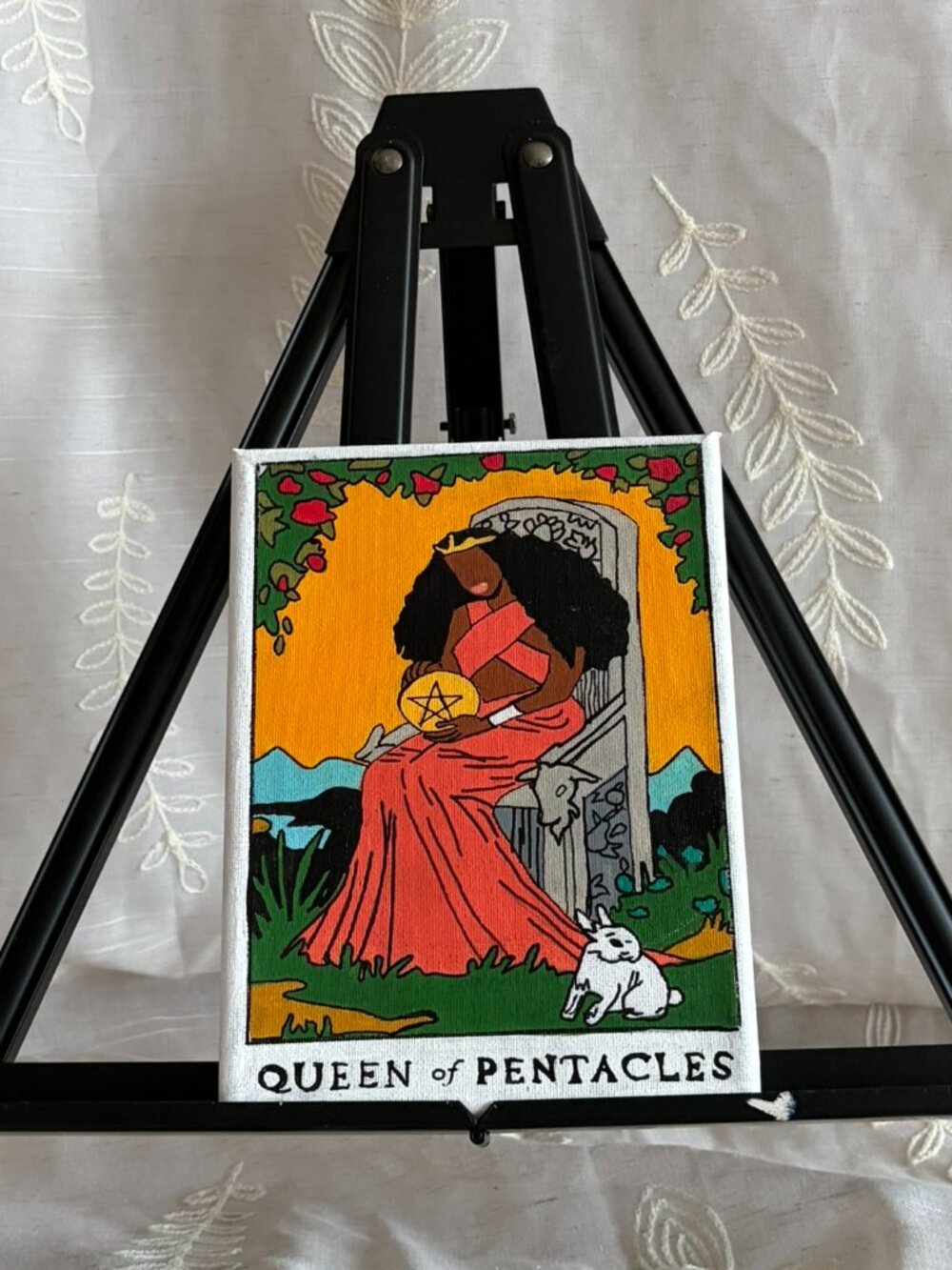 Hand Painted Queen of Pentacles Tarot Card Canvas 6x8